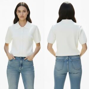 CRUSH Cashmere Blend Polo Short Sleeve Cardigan Size S in Cream